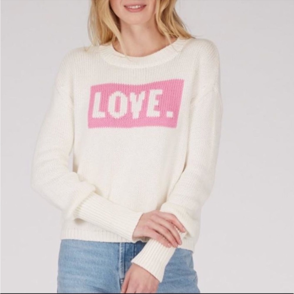 525 AMERICA Love Pullover Sweater in White and Pink Cotton Knit - Size Small